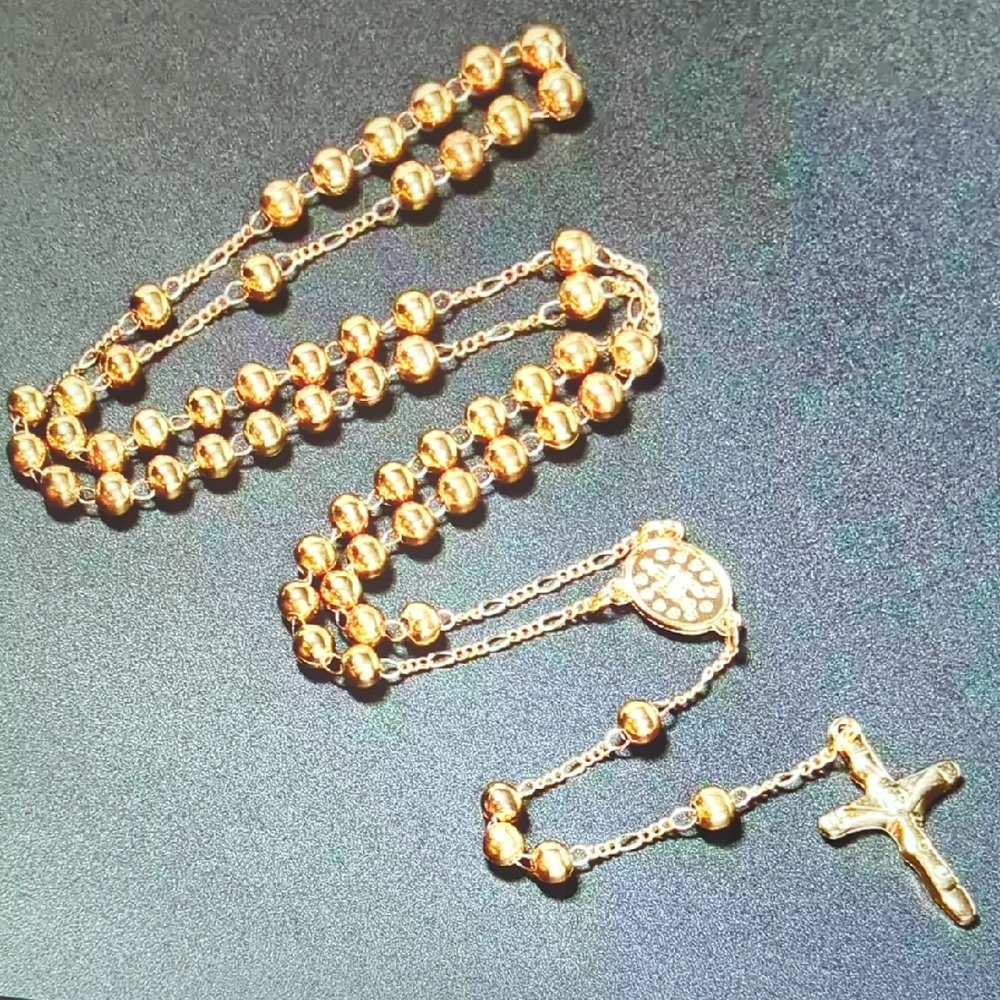 Elegant Gold Tone Beaded Necklace Cross Pendant Rosary Religious Jewelry Gift